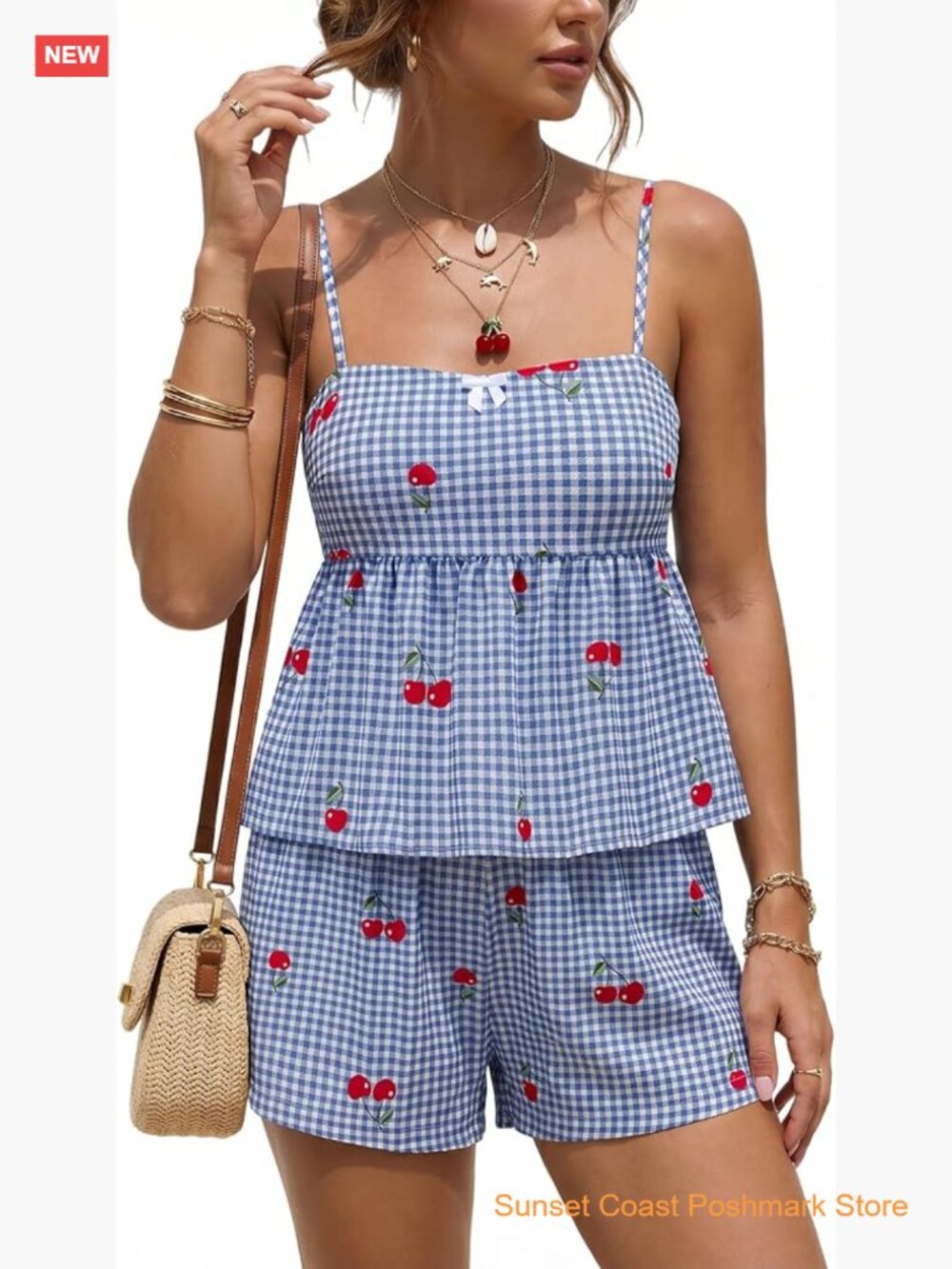 Gingham Summer 2 Piece Short Set Cami Top with Adjustable Tie Back Shorts with